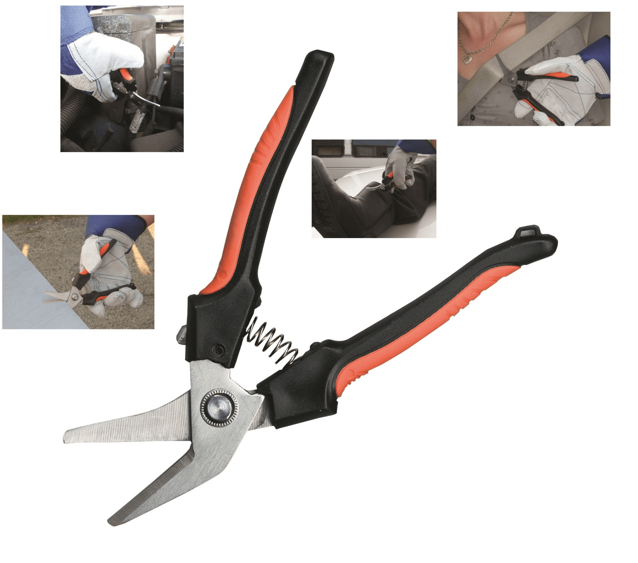 EMI Emergency Medical Shear Power with comfortable handle, shown in use for cutting various materials in emergency situations.