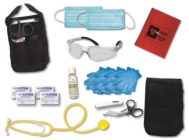 EMI Emergency Medical Protector Basic Response Kit with masks, gloves, stethoscope, and safety glasses for first responders.