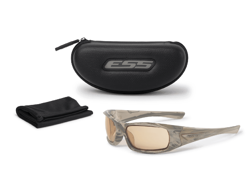ESS 5B Sunglasses with protective case and cleaning cloth, designed for high-impact eye protection and comfort.