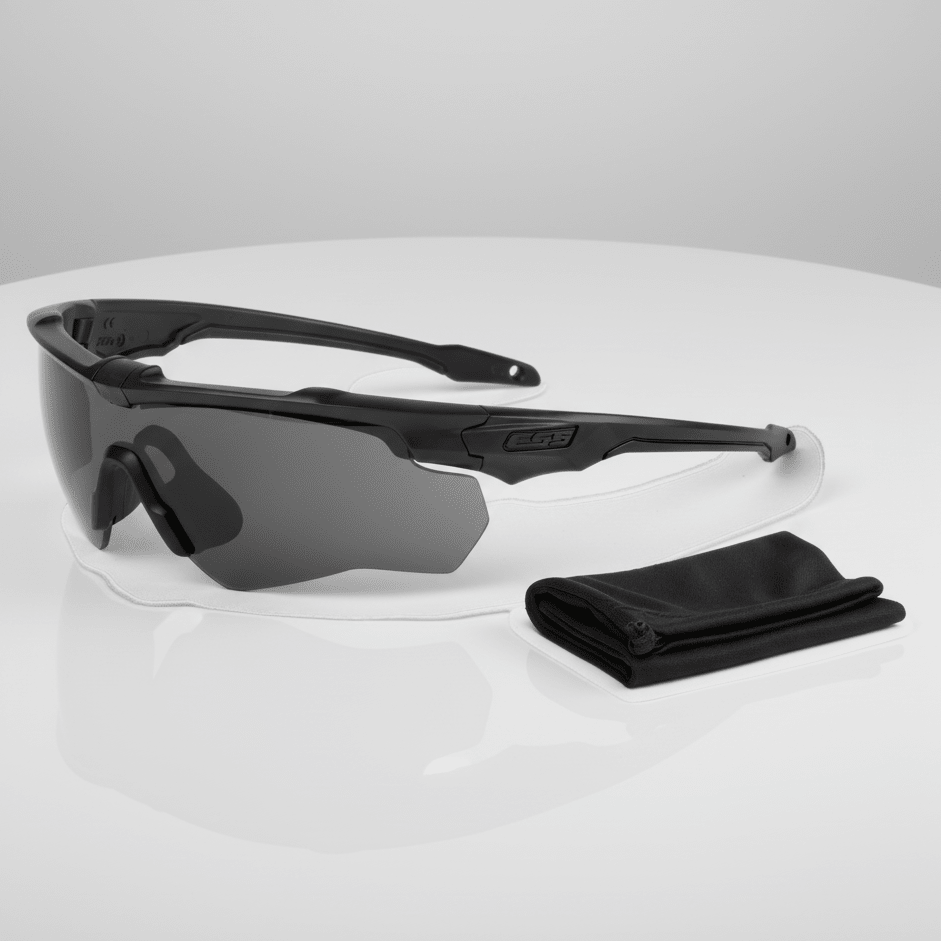 Black sunglasses with a cleaning cloth on a white surface