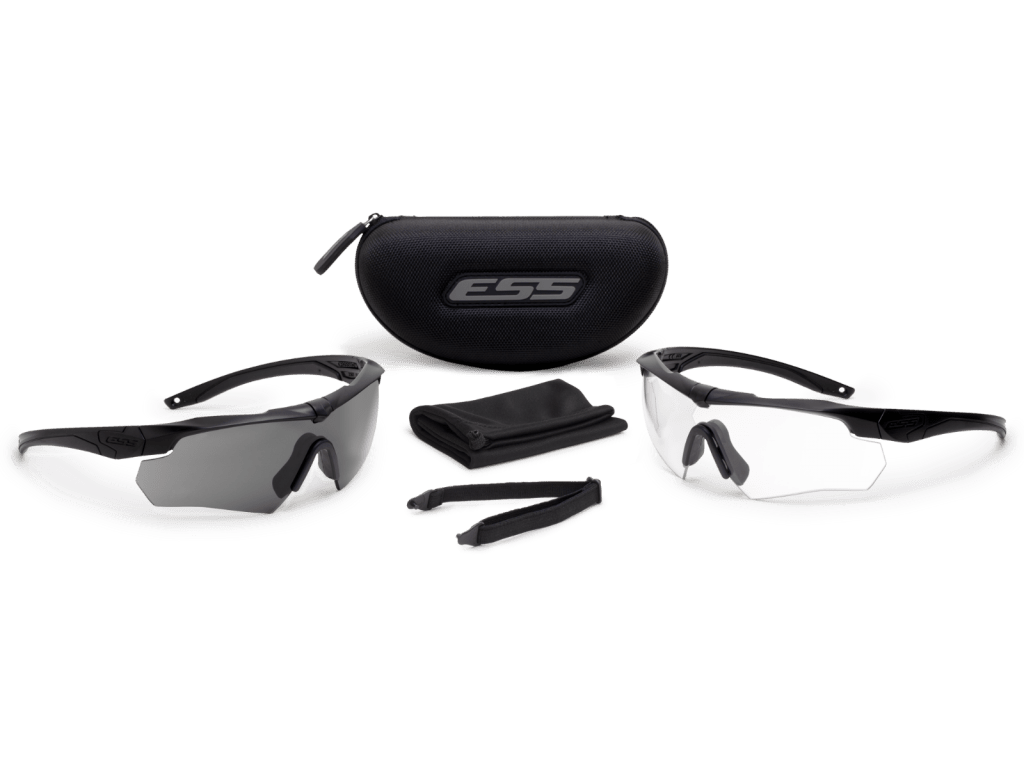 ESS Crossbow 2X Kit featuring Clear and Smoke Gray eyeshields, protective case, and lenses for optimal eye protection.
