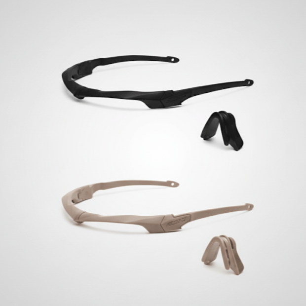 Eyeglass frames in black and beige on a white background