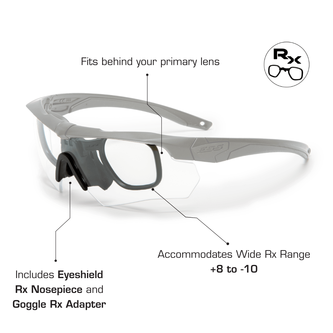ESS U-RX prescription insert mounted behind a clear Crossbow lens, fits Rx range +8 to -10