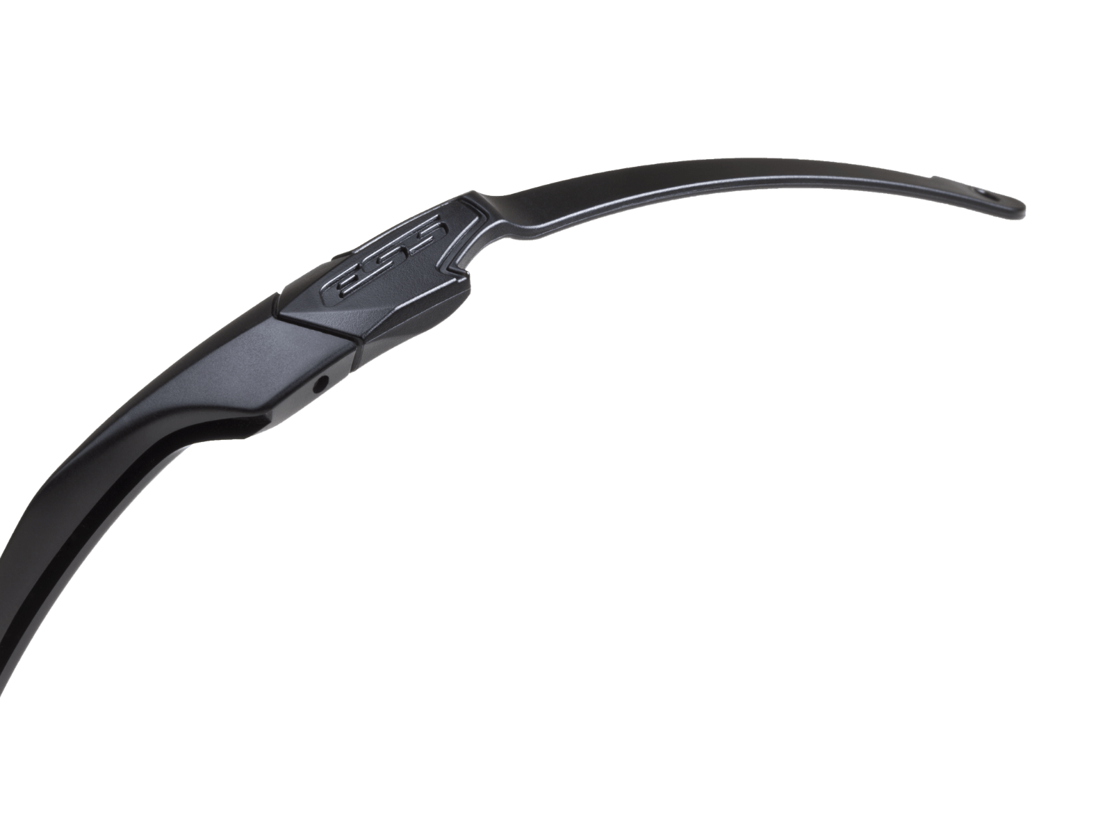 Close-up of the ESS Suppressor Z-Bend ultra-thin temple arm made to seal under ear cups