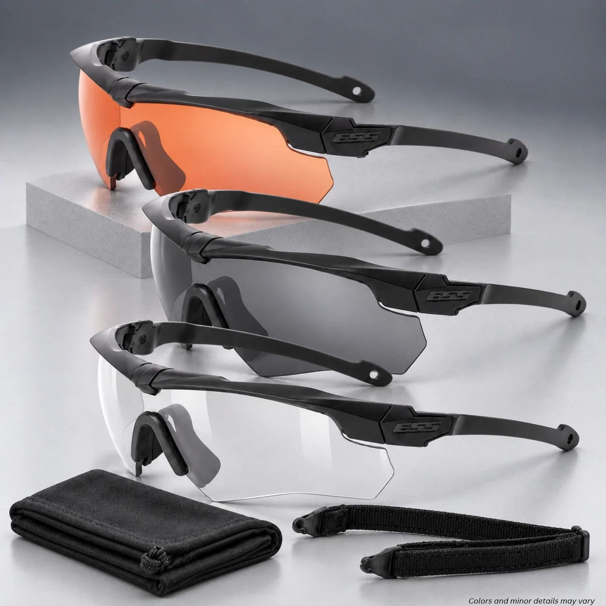 ESS Crossbow Suppressor ONE EE9007-04 ballistic glasses in Hi-Def Copper, Smoke Gray, and Clear with pouch and strap