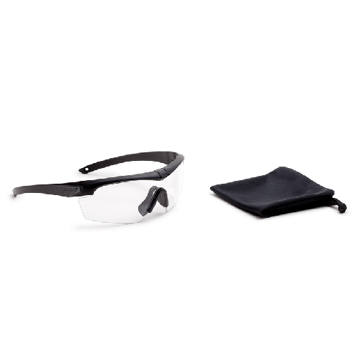 ESS Crosshair ONE eyewear with clear lenses and a black storage pouch, offering advanced eye protection and comfort.