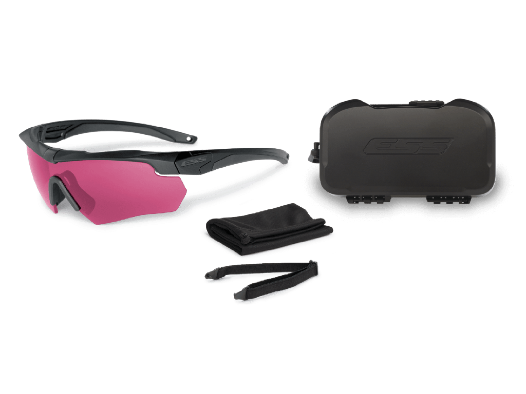 ESS Crossbow ONE Laser LPL-5 ballistic eyeshield with clear case and cleaning cloth, featuring fog-free technology.