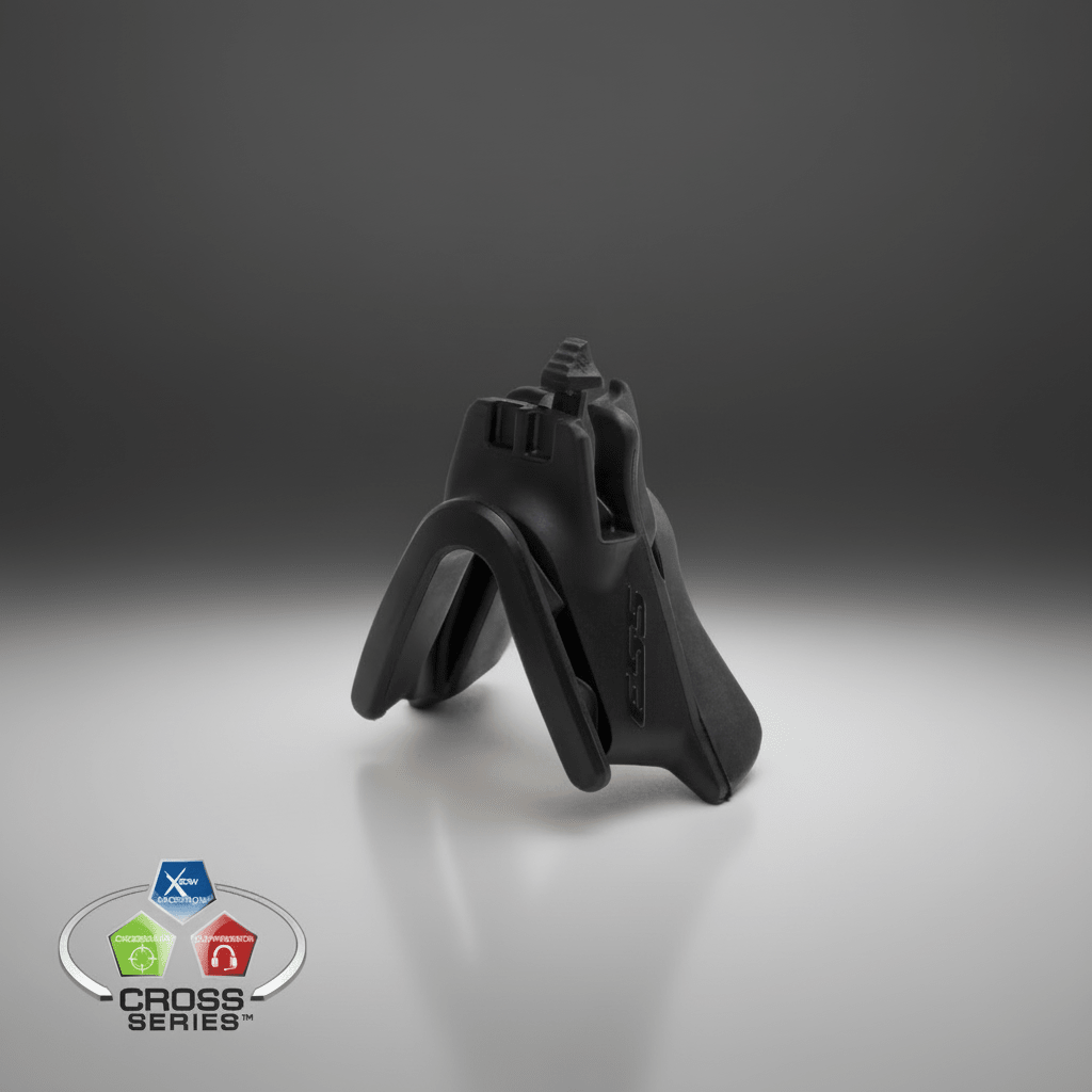Black ESS High-Clearance U-Rx Eyeshield Nosepiece 740-0527on a gradient gray background with 'Cross Series' logo.