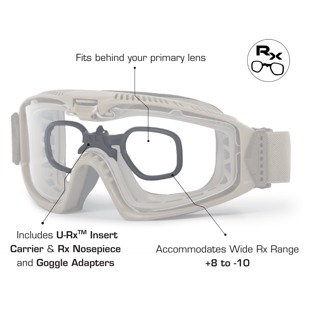 ESS Influx goggle with optional U-Rx prescription insert carrier fitted behind the primary lens