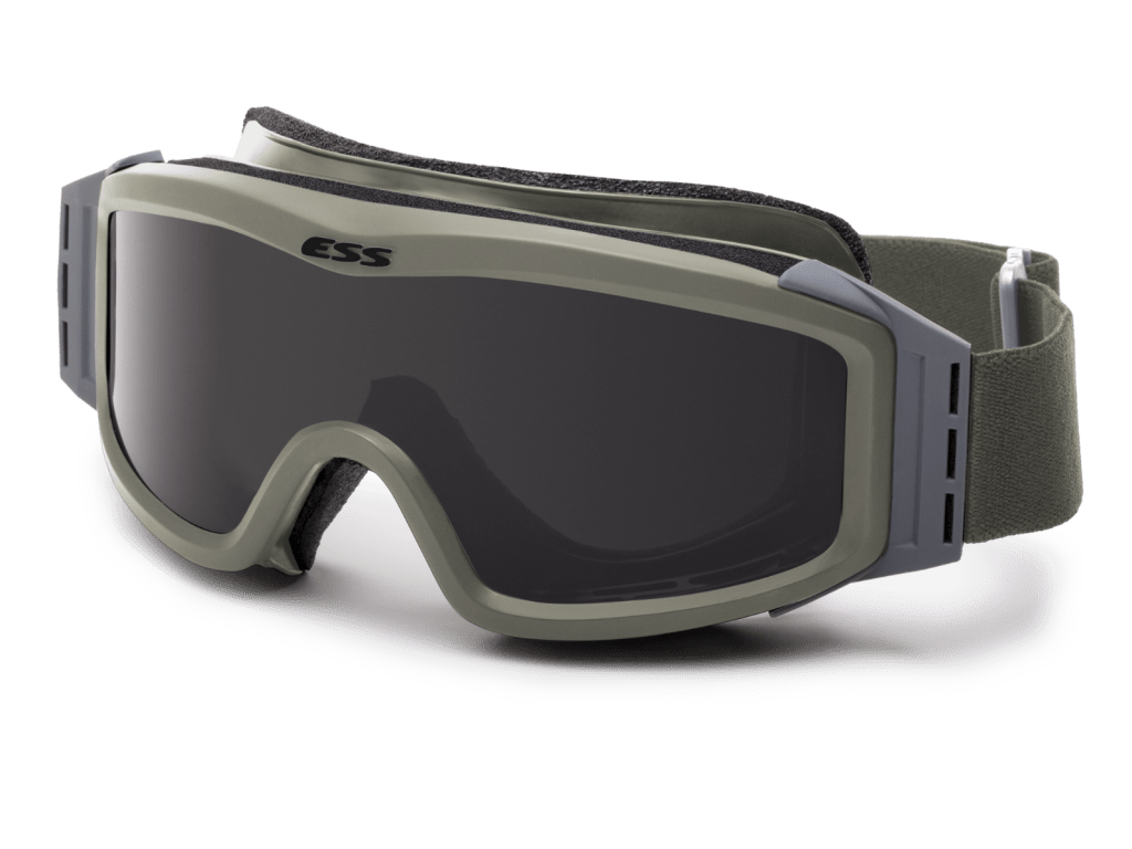 ESS Profile NVG tactical goggles featuring anti-fog and anti-scratch lenses in olive green design.