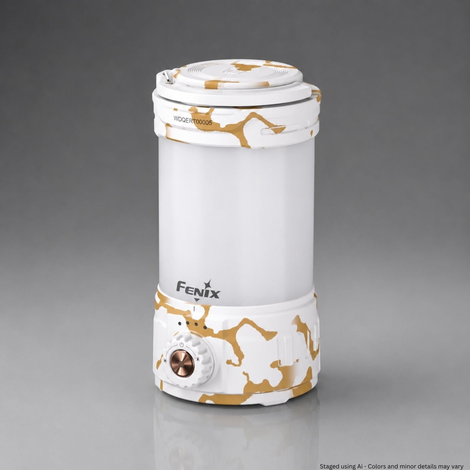 White and gold cylindrical device with 'Fenix' branding on a gray background