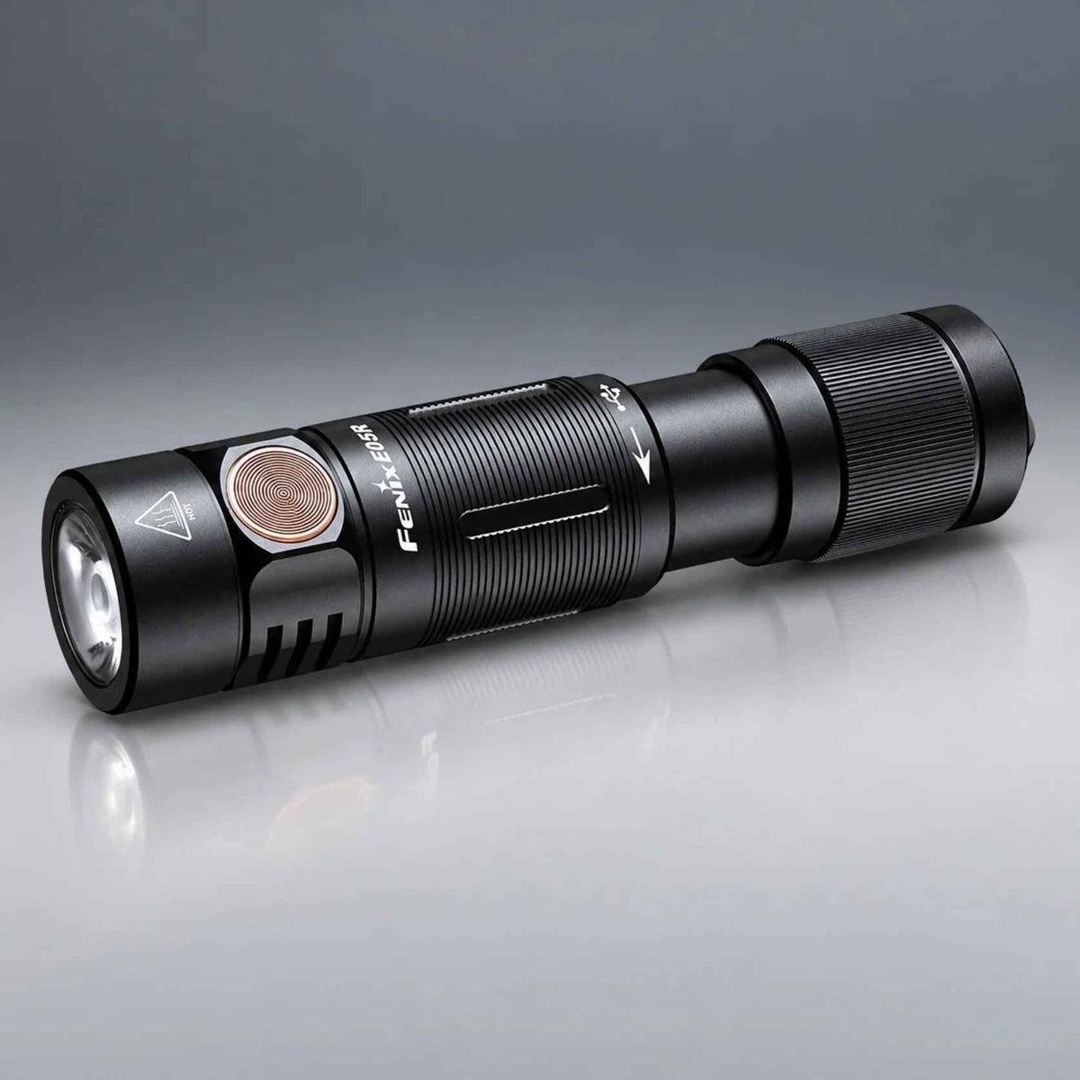 Fenix E05R Rechargeable Keychain Flashlight E05RG2BK in black aluminum, front view