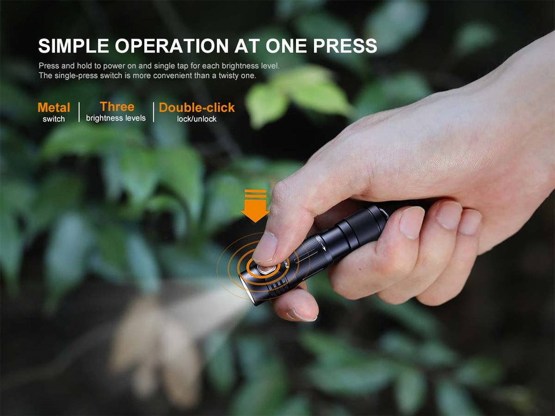 Metal side switch on the Fenix E05R keychain flashlight for mode selection