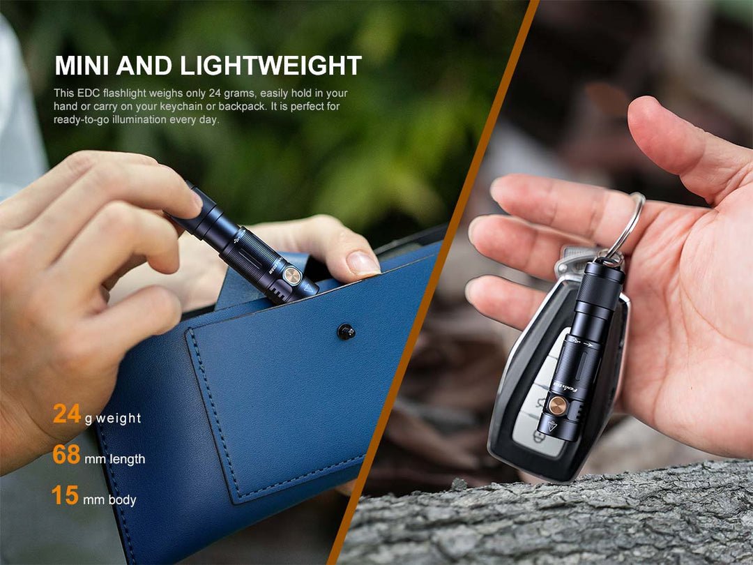 Fenix E05R keychain flashlight size at 2.68 inches long and 0.85 ounces