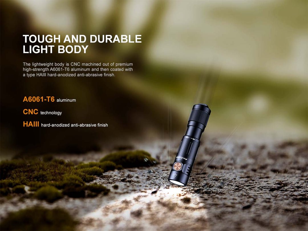 Fenix E05R aluminum keychain flashlight rated impact resistant to 1 meter