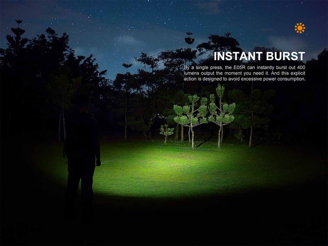 Fenix E05R Instant Burst mode delivering 400 lumens on demand