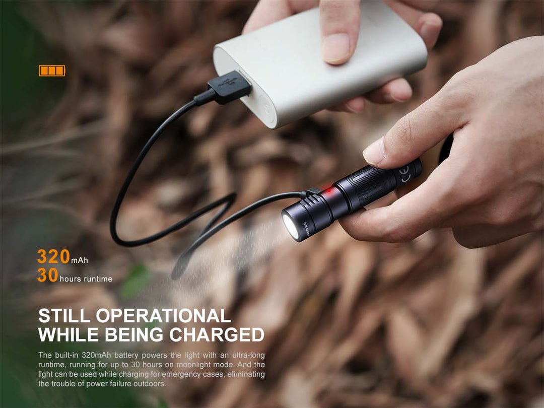 Fenix E05R built-in 320mAh rechargeable battery with about 1 hour charge time