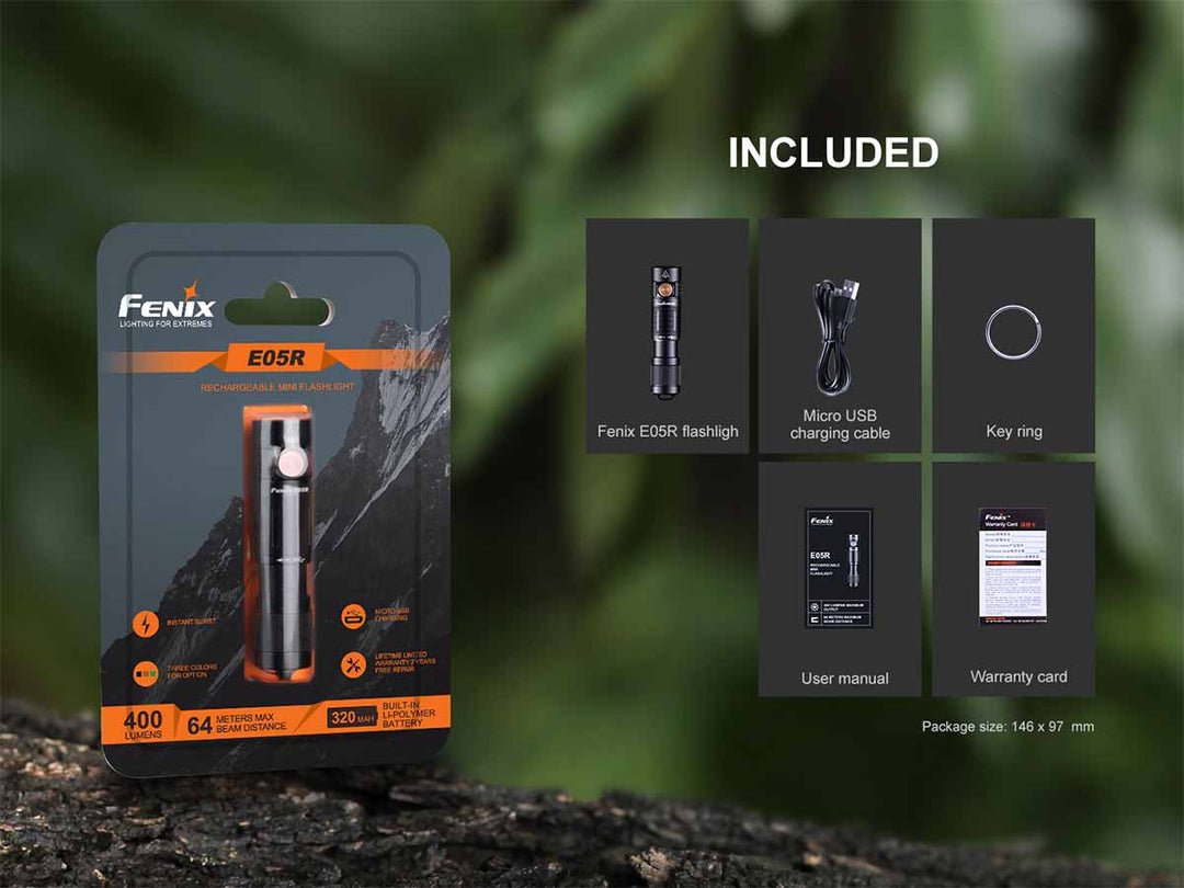 Fenix E05R flashlight with included micro USB charging cable and key ring
