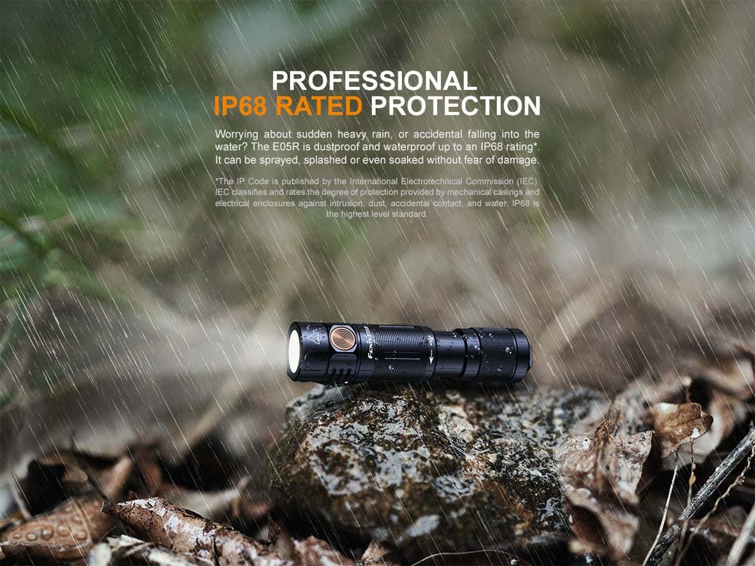Fenix E05R keychain flashlight IP68 dustproof and waterproof rating