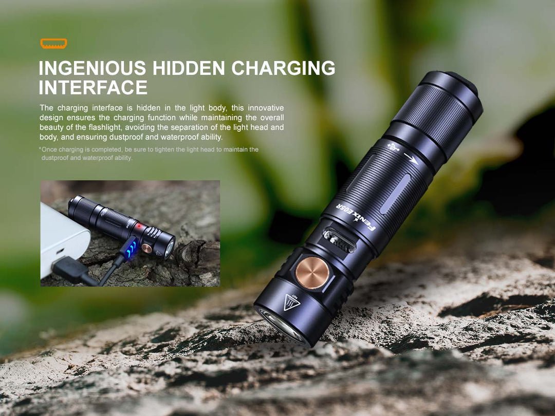 Hidden micro USB charging port on the Fenix E05R keychain flashlight