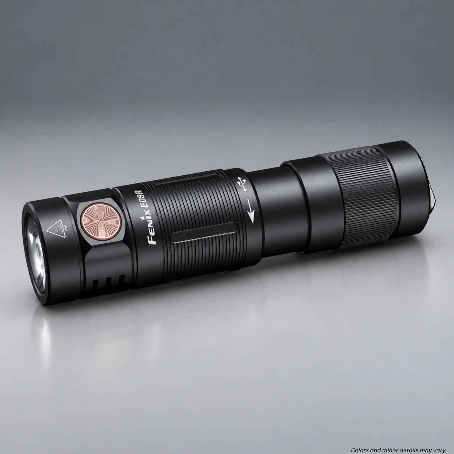 Fenix E09R rechargeable EDC flashlight E09RSBK in black aluminum with metal side switch, front angle