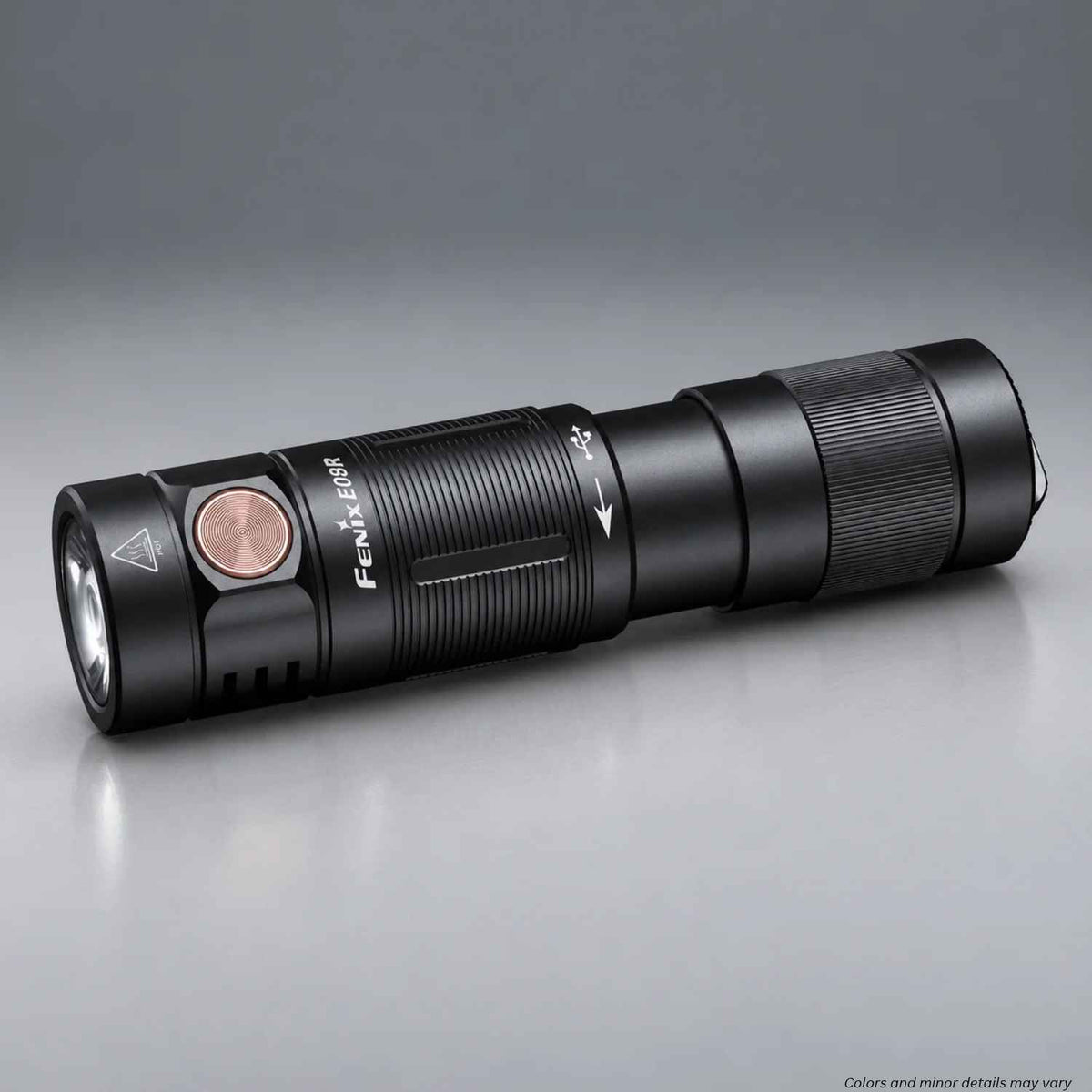 Fenix E09R rechargeable EDC flashlight E09RSBK in black aluminum with metal side switch, front angle