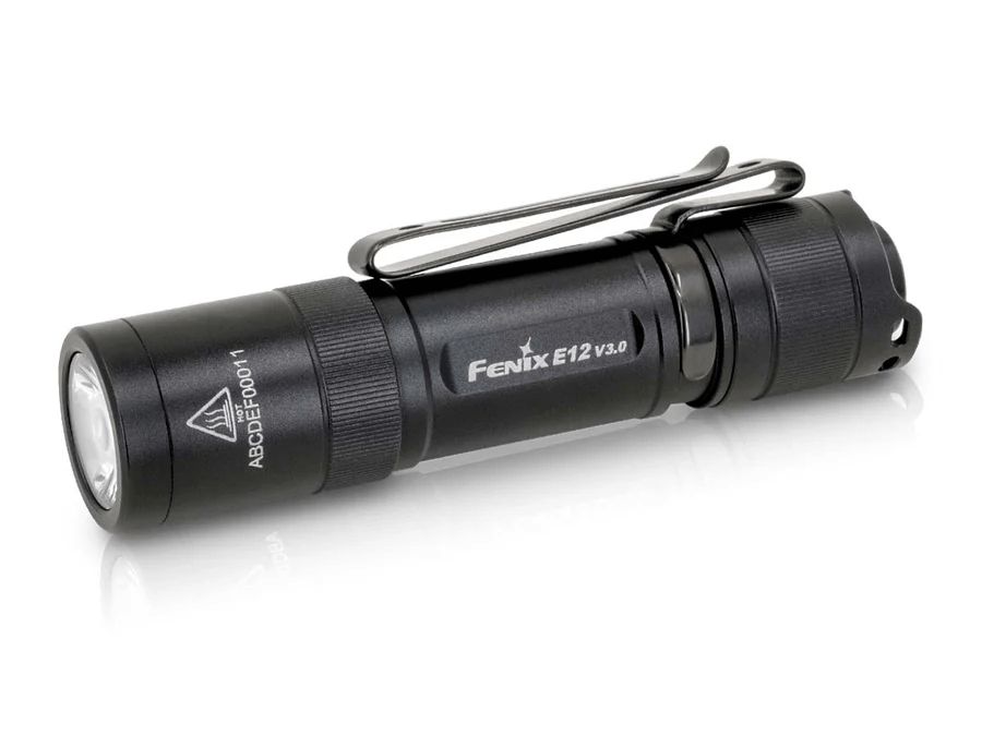 Fenix E12 V3.0 Black Flashlight with 200 lumens, compact design and two-position body clip for versatile carrying.
