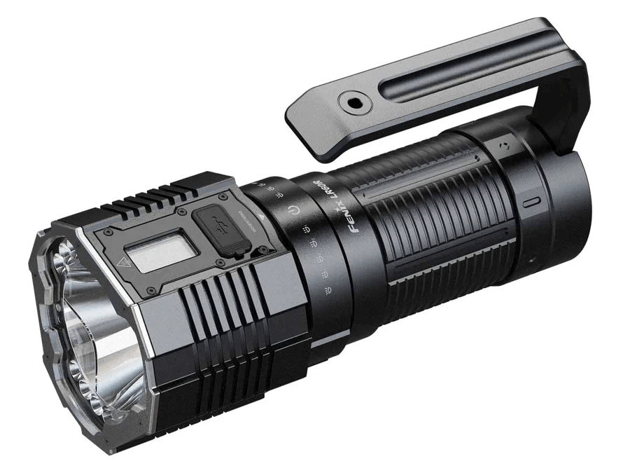 Fenix LR60 Rechargeable Search Flashlight with rotary switch and OLED display for versatile lighting modes.