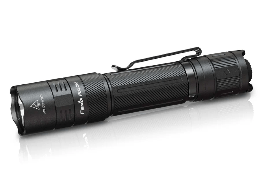 Fenix PD32R rechargeable flashlight with multi-function tail switch and compact design for optimal brightness and portability.