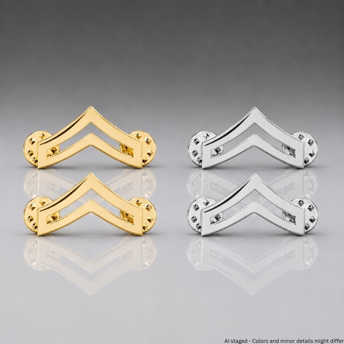 Corporal Chevron Rank Collar Pins - Gold and Silver pairs shown side by side