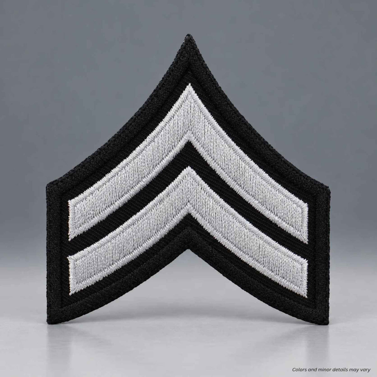First Class Corporal chevron patch EC08, silver embroidered stripes on black, front view