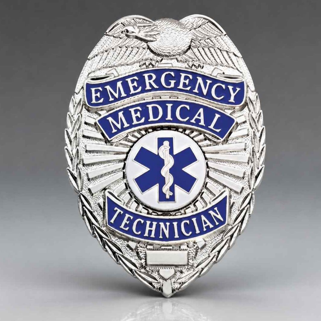 A silver-colored metal badge shaped like a medical shield, featuring blue enamel banners that read 'EMERGENCY MEDICAL TECHNICIAN' and a white Star of Life symbol in the center, shown on a gray gradient background.