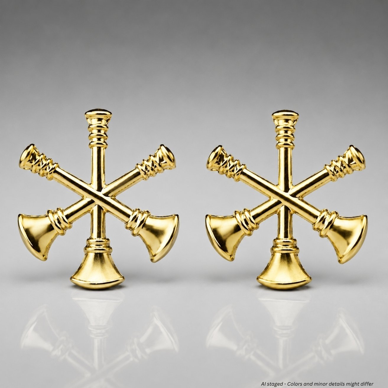 Silver First Class fire bugle assistant fire chief rank insignia pins, model IN83, shown as a pair