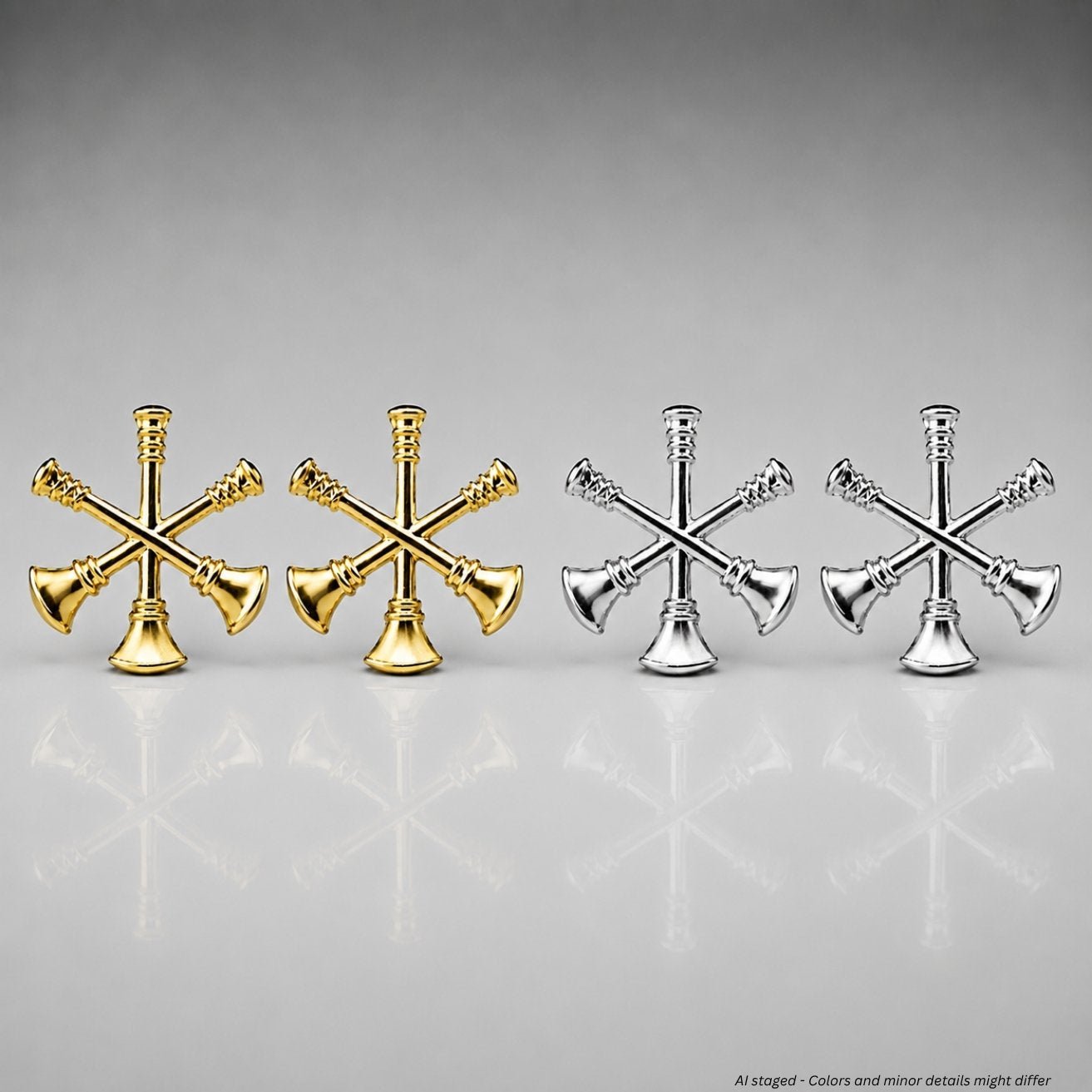 First Class Fire Bugle gold assistant fire chief collar insignia pins, model IN82, sold in pairs