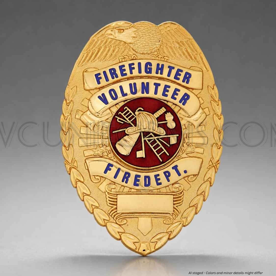 Watermarked - First Class Gold Volunteer Firefighter Shield Uniform Badge BA10