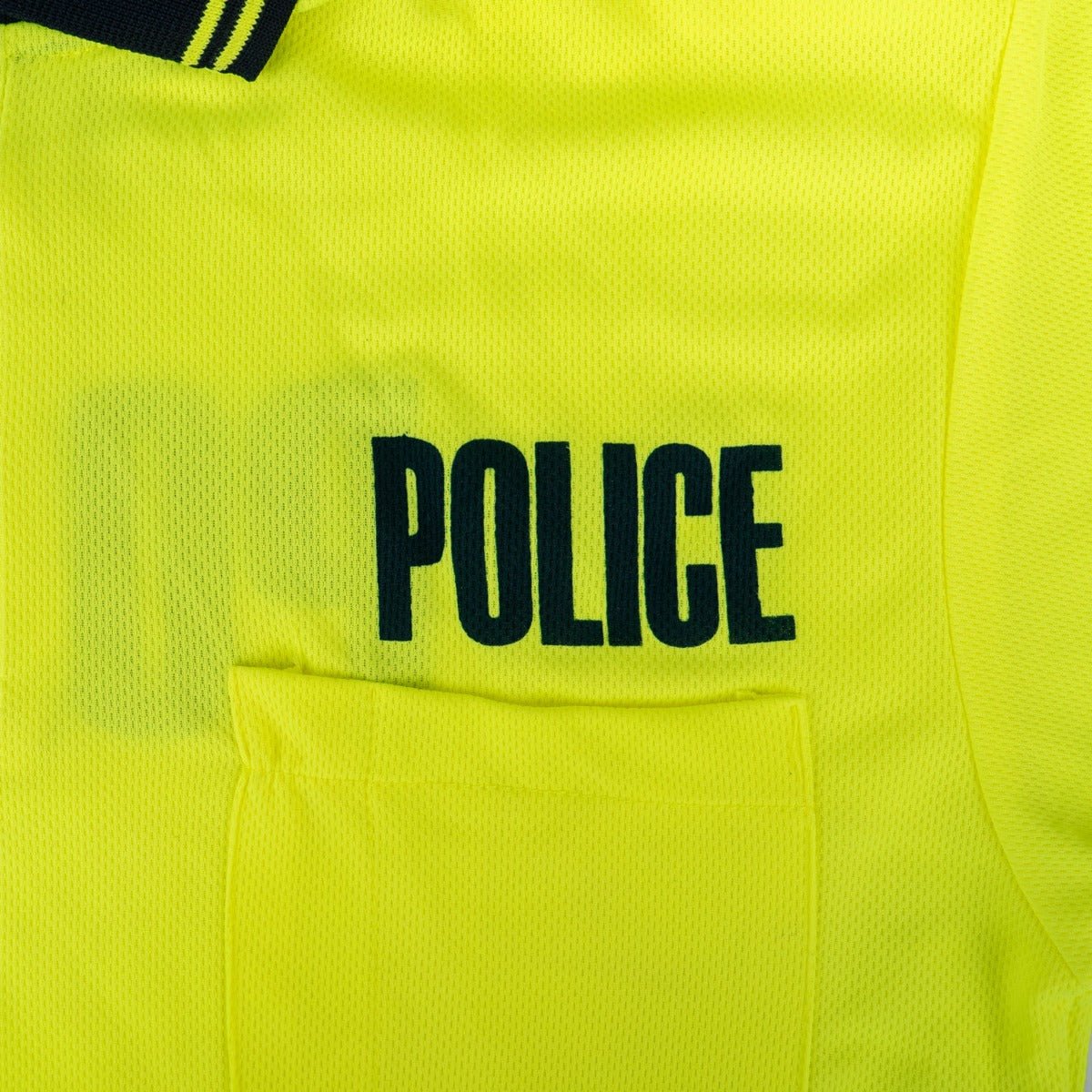 Close-up of a bright yellow police uniform with 'POLICE' text.