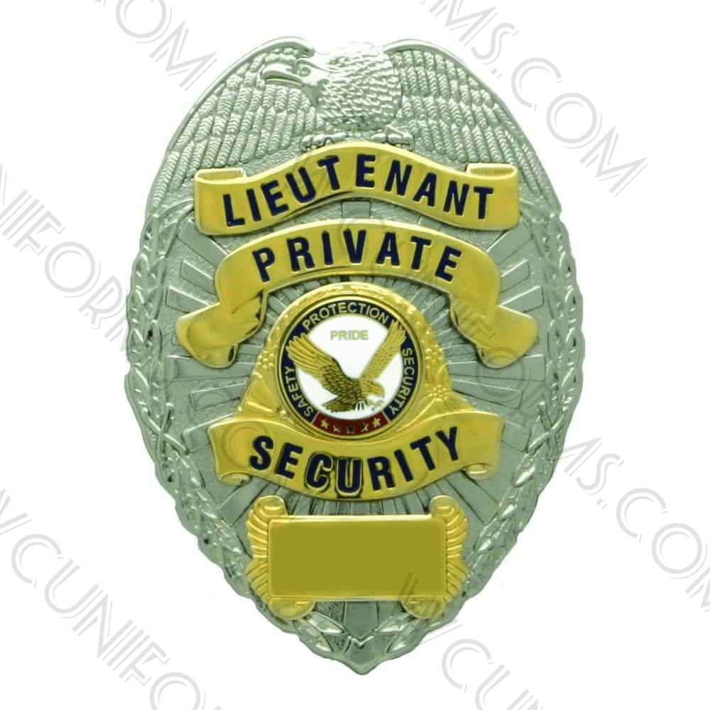 Close detail of the Lieutenant Private Security badge eagle emblem and engraving panel