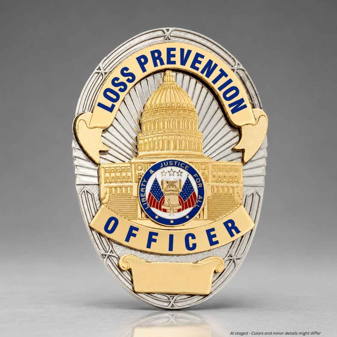An oval loss prevention officer badge featuring a gold and silver design with a central capitol dome emblem, blue lettering reading 'LOSS PREVENTION OFFICER,' and a small U.S.