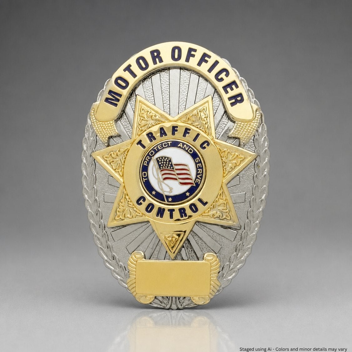 Motor Officer badge with gold and silver design on a gray background
