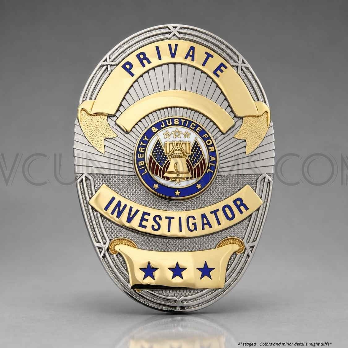 Watermarked - First Class Private Investigator Silver Oval Shield Badge BA01