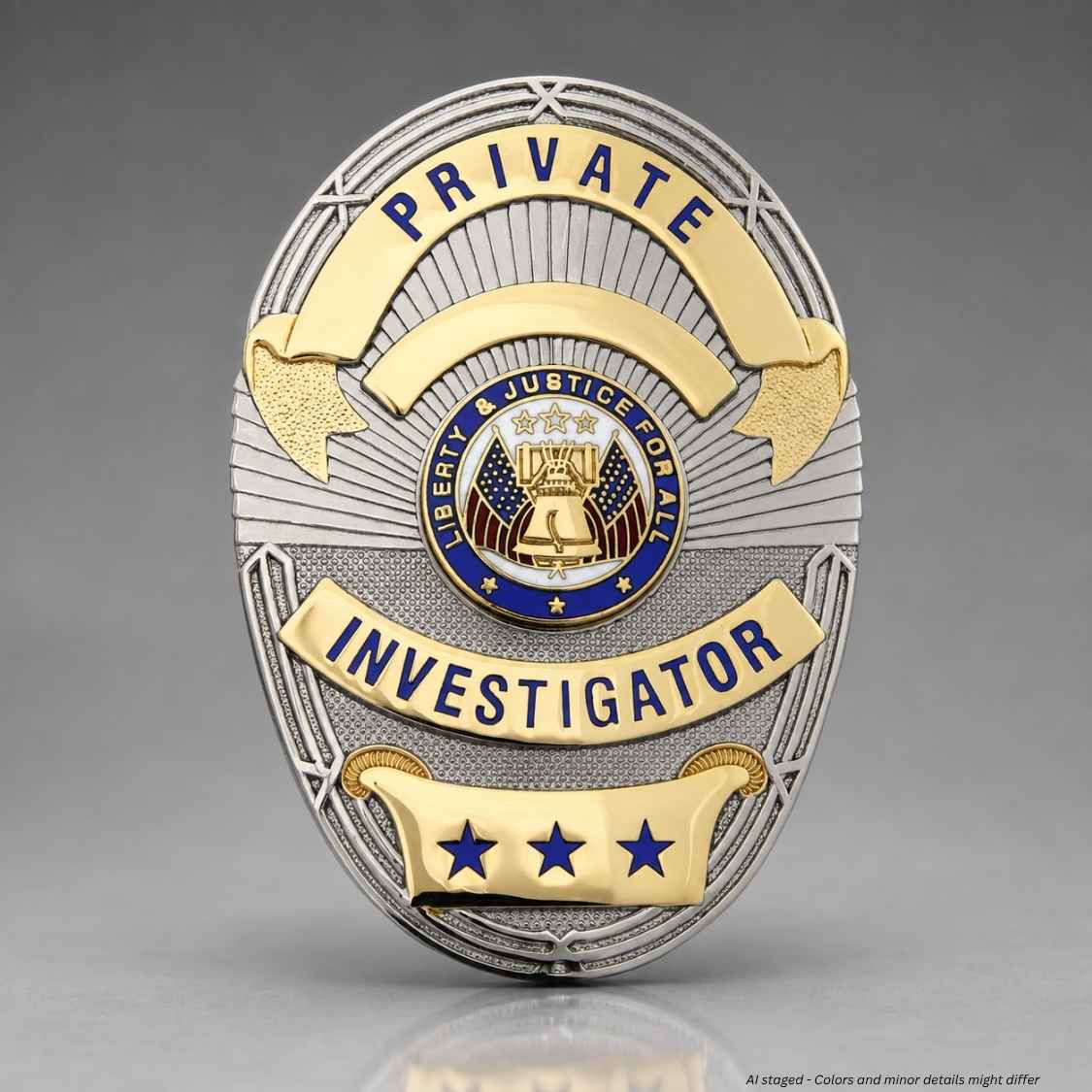 A custom police badge shaped like an investigator badge, featuring a silver-toned textured background with gold-colored banners and trim, and a central blue and gold seal. The words 'PRIVATE INVESTIGATOR' are clearly visible on the badge.
