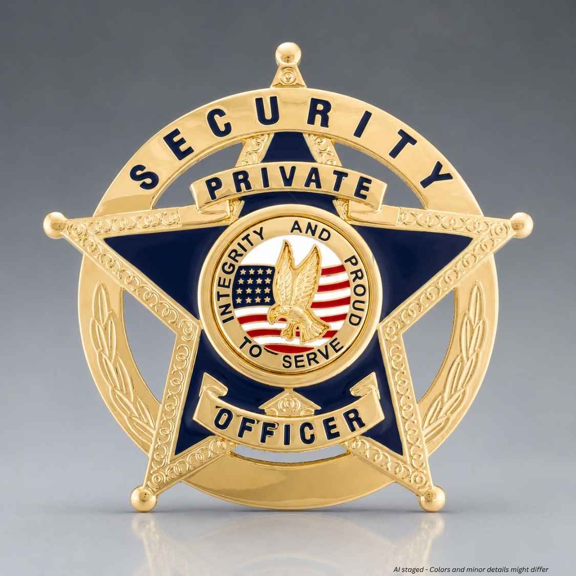 A gold-colored star-shaped security badge with navy blue sections, featuring the words 'SECURITY', 'PRIVATE', 'INTEGRITY AND PROUD TO SERVE', and 'OFFICER', with an eagle and American flag emblem in the center.