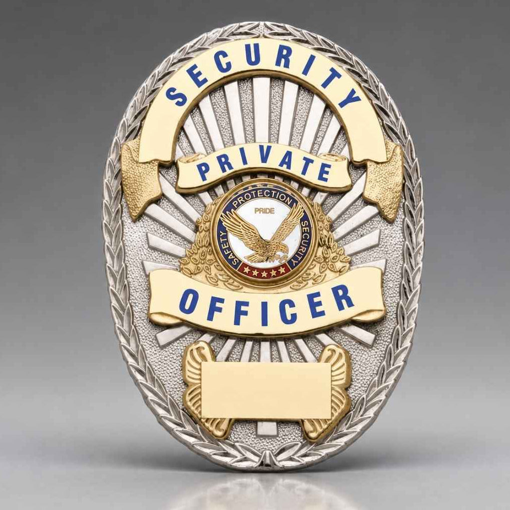 An oval security officer badge with a silver textured background, gold-toned banners reading 'SECURITY' and 'OFFICER', blue lettering for 'PRIVATE', and a central eagle emblem. The badge is photographed on a neutral gray background with a soft reflection below.
