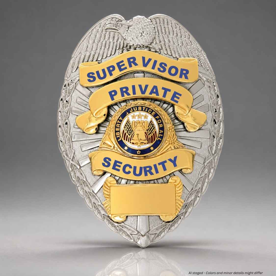 First Class Private Security Supervisor gold on silver shield badge BA36 front view