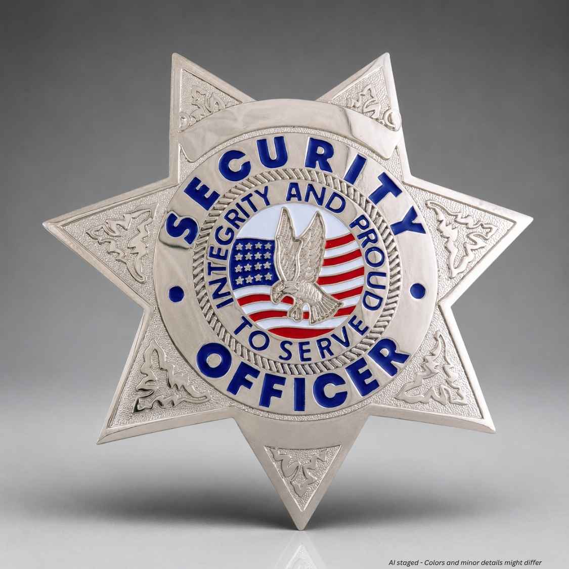 A silver-colored six-pointed star security officer badge with blue lettering and a central emblem featuring an eagle over an American flag, shown on a neutral gray background.