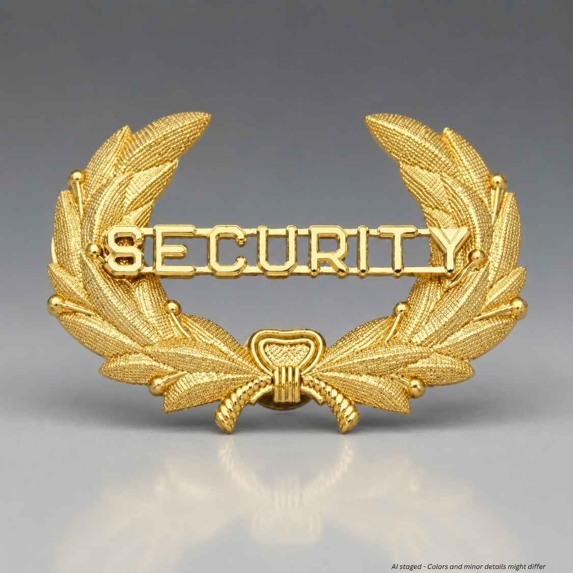Gold Security hat badge with laurel wreath and center bow detail