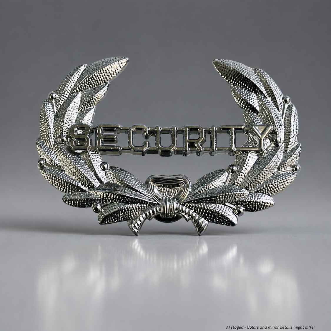 Silver Security hat badge with laurel wreath and raised SECURITY lettering