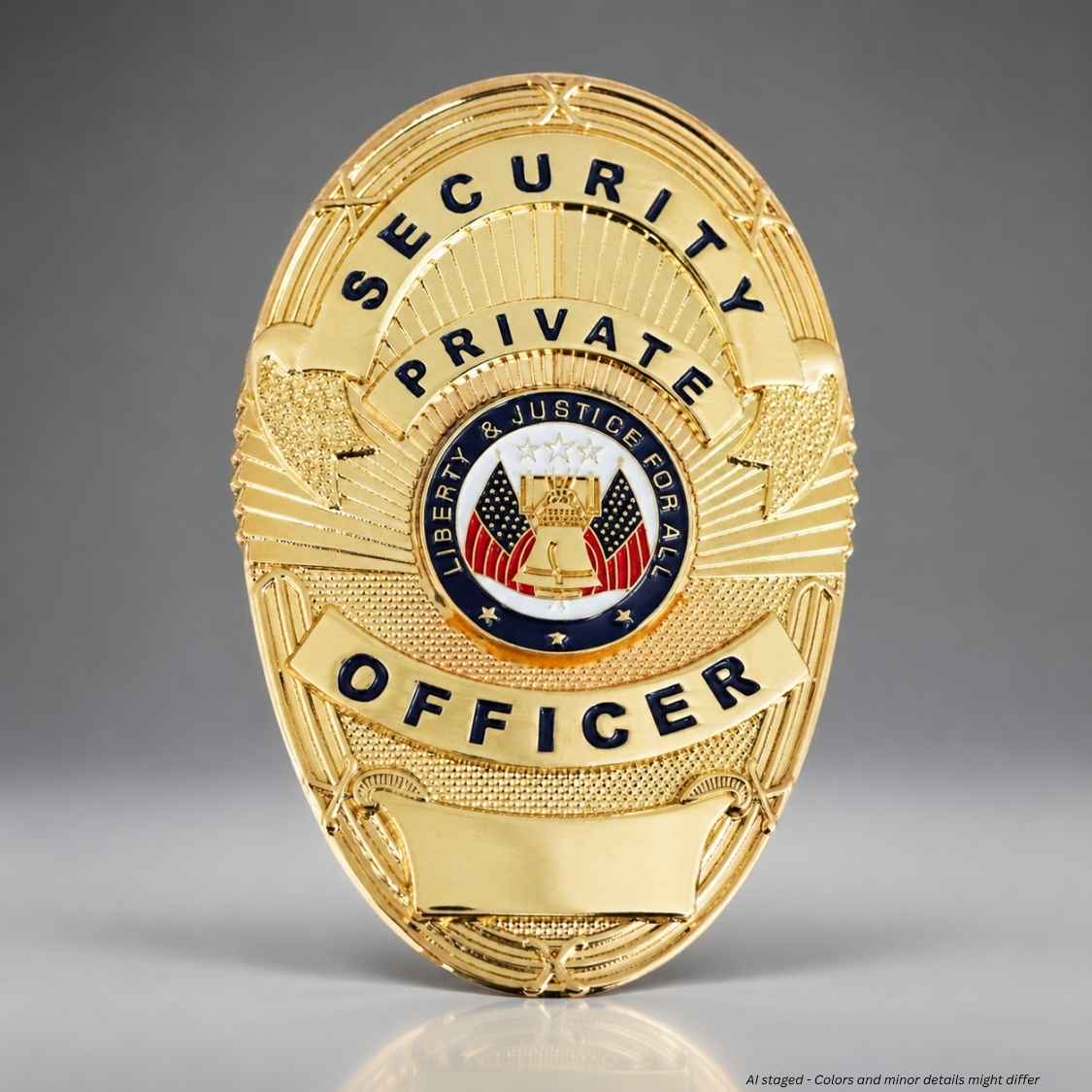 A gold-colored security officer badge with 'SECURITY PRIVATE OFFICER' text and a central Justice for All emblem, shown on a neutral gray background.