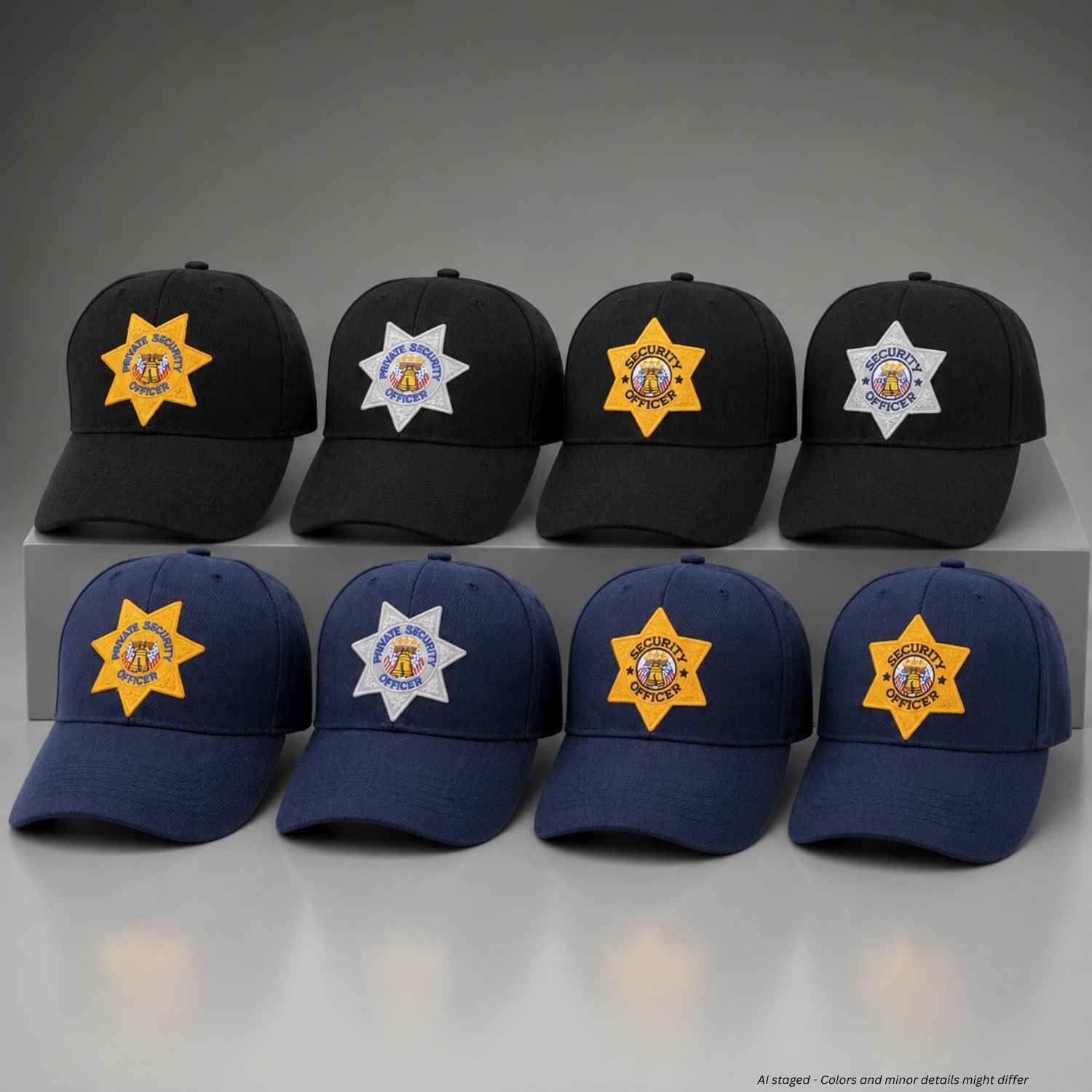 First Class Security and Private Security Officer emblem caps in black and navy blue