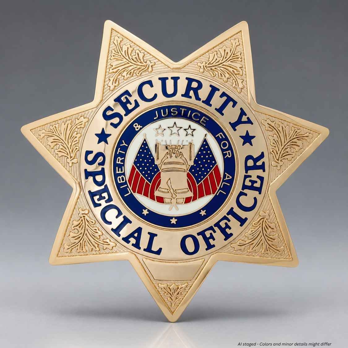 A gold-colored six-pointed star badge featuring a central emblem with a gavel, American flags, and the words 'SECURITY OFFICER' and 'LIBERTY & JUSTICE FOR ALL'.